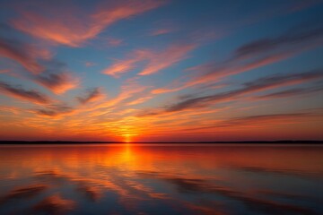 Fototapeta premium Blazing Sunset Over Calm Waters A Symphony of Colors in the Sky and its Reflection
