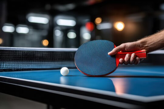 Table tennis player prepares to serve a ball in a vibrant sports hall during a competitive match