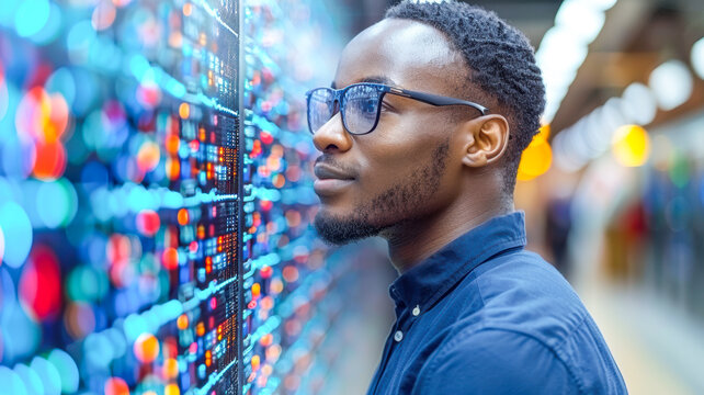 Young african american man observing digital data display with colorful lights in modern environment