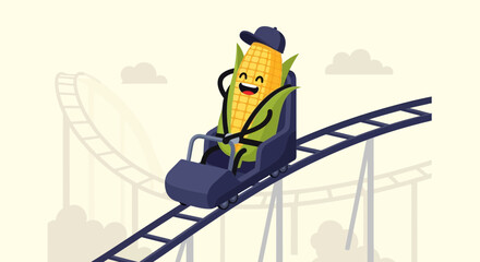Happy Corn Riding A Roller Coaster Cartoon Illustration For Amusement Park