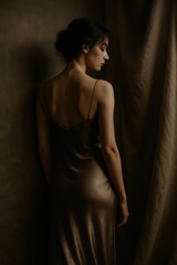 Elegant young caucasian female in satin dress with dark backdrop