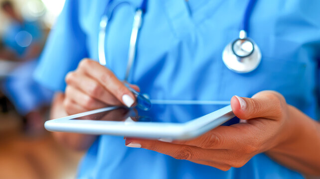Healthcare professional using tablet device in medical environment with stethoscope around neck - Powered by Adobe