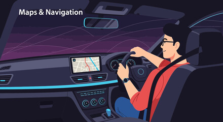 Man Driving Car Using Navigation System At Night For City Exploration