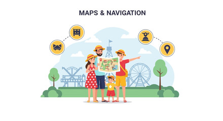 Obraz premium Happy Family Exploring Amusement Park Using Map For Holiday Adventures Together