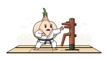 Determined Garlic Champion Practicing Martial Arts Skills On Wooden Dummy Trainer