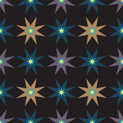 A magical modern folk style design with sparkling blue, brown, purple stars on a dark green blue background. Muted colors perfect if you need a blending pattern. Simple but attractive. Coordinates