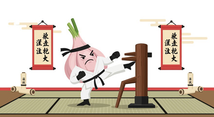 Determined Onion Martial Artist Training With Dummy In A Traditional Dojo Setting