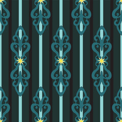 Festive Winter Classic vertical Striped Ornamental Pattern - Purple and Navy Seamless Design