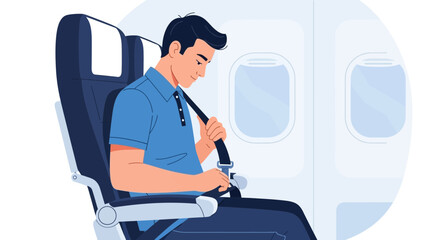 Man Fastening Seatbelt On Airplane For Safe Flight Travel Experience