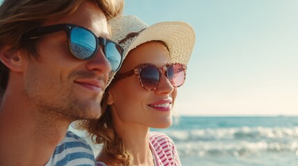 Sunny beach day featuring happy couple, reflecting azure skies, enjoying vacation with style, wearing stylish sunglasses