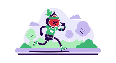Fototapeta premium Fig Character Running On a Track Sporting Activity in Nature Illustration