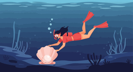 Diver Finds Large Pearl Undersea Adventure Concept Valuable Sea Treasure Discovery