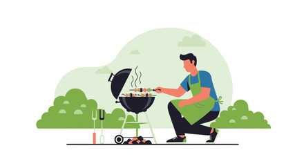 Man Grilling Skewers In Outdoor Flat Style Illustration For Summer Season