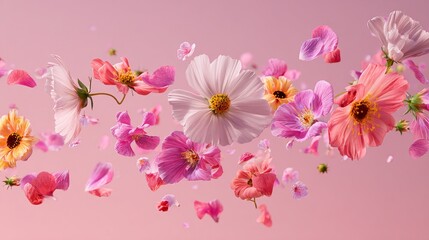 Fototapeta premium Floral explosion with cosmos flowers suspended in midair, revealing their delicate beauty against the pastel pink background