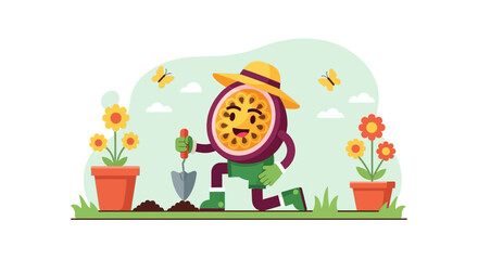 Naklejka premium Happy Passion Fruit Cartoon Character Gardening On Bright Spring Day Illustration
