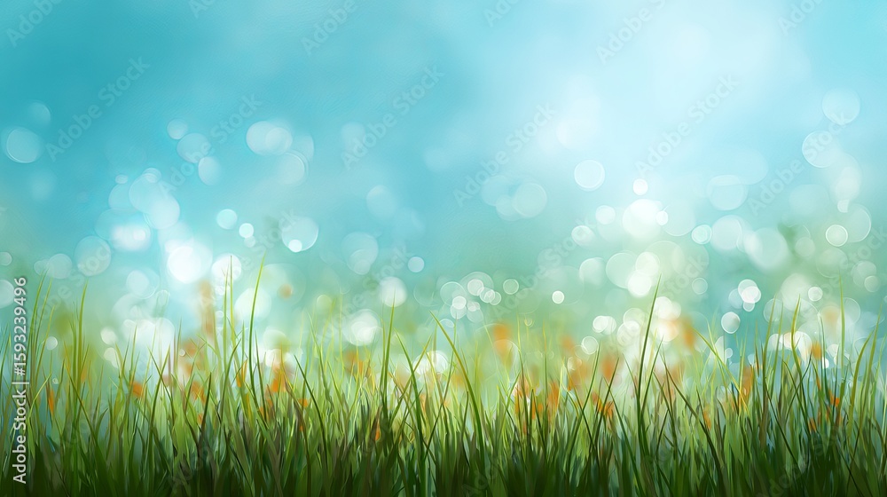 Poster dreamy spring background featuring bokeh and vibrant grass creating a serene, nature-inspired, and v