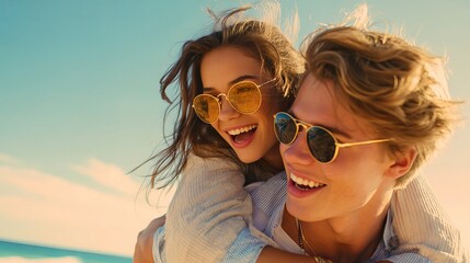 Young attractive couple enjoying piggyback ride on sunny beach with carefree and joyful emotion together smiling happily