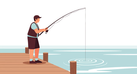 Focused Fisherman Casting Rod From Wooden Pier Into Calm Water Illustration
