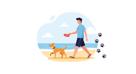 Fototapeta premium Happy Summer Day Leisure Time With A Dog Playing Frisbee On The Beach