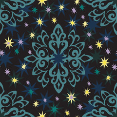 Whimsical magical night pattern with sparking stars around an ornamental icy green mandala on a dark background. A mysterious festive seamless design. You can use it as an illustration, or scale it
