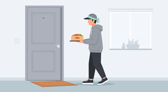 Food Delivery Service Man Arriving at Door With Takeout Order