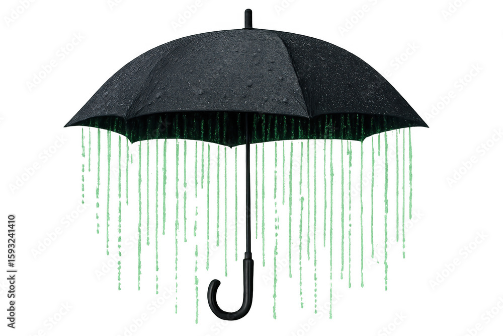 Poster dripping black umbrella casting glowing green binary code, symbolizing digital cybersecurity against