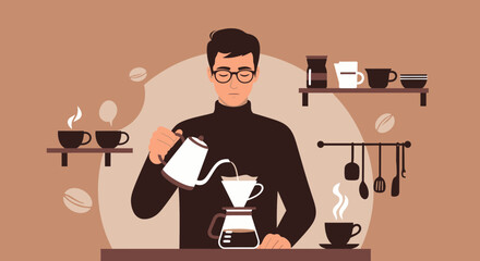 Man Prepares Coffee Using Pour Over Technique In A Minimalistic Kitchen