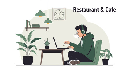 Fototapeta premium Freelance Designer Enjoying Coffee While Working On Laptop In Modern Cafe Interior