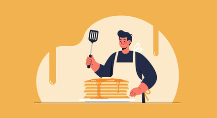 Man Prepares Stack of Golden Pancakes for Breakfast Delightful Treat