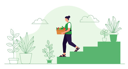 Harvesting Freshness Woman Ascending Steps With Basket Full of Vegetables
