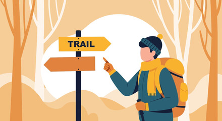 Hiker Consulting The Direction Sign During Outdoor Adventure Trip In Autumn Forest