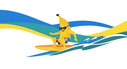 Funky Banana Rides the Wave on Surfboard Summer Vacation Illustration