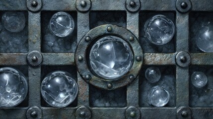 Ornate metal grate with frosted glass orbs