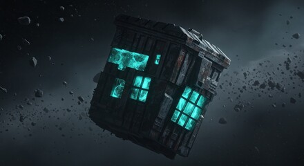 Mysterious cosmic cube radiating turquoise light amidst asteroid fragments and nebula