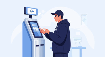 Man Using Airport Kiosk For Check In Self Service Technology System