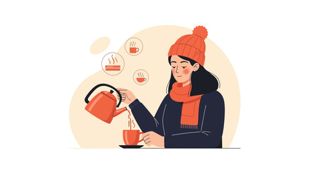 Illustration Of Young Woman Pouring Tea Into A Cup During Cold Weather Season