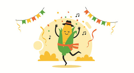 Fototapeta premium Funny Corn Character Dancing At Party With Confetti And Bunting Decoration