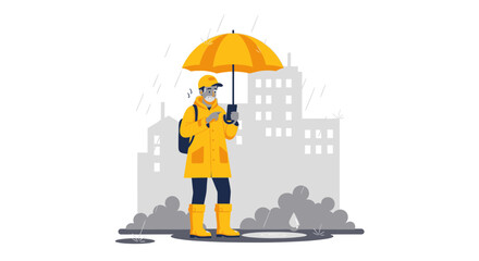 Man Using Smartphone Under Umbrella During Rain In City Street