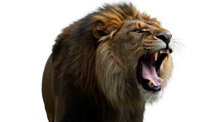 Obraz premium Roaring Lion Portrait: Majestic predator displaying power with open mouth and sharp teeth
