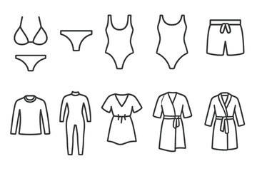 Fashion and clothing icon set. swimwear, apparel outline icons collection