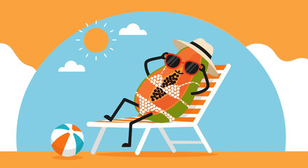 Funny Papaya In Bikini Sunbathing On Beach Chair Cartoon Character