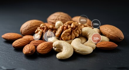 Assortment of diverse nuts creatively displayed with calorie information overlay on dark background