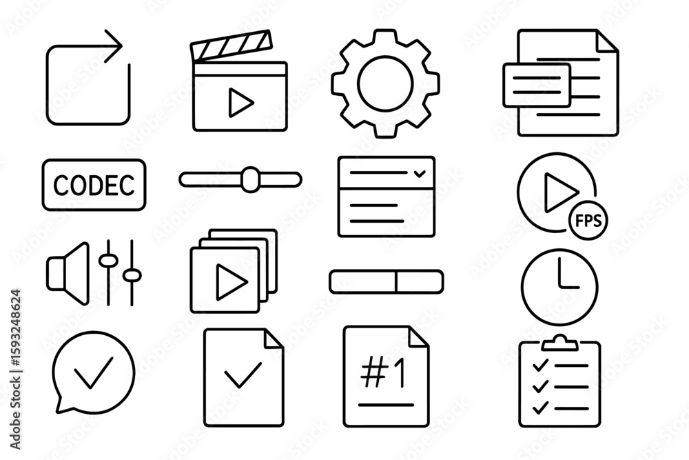 Poster multimedia tools outline icon set. video, audio editing essentials in line style