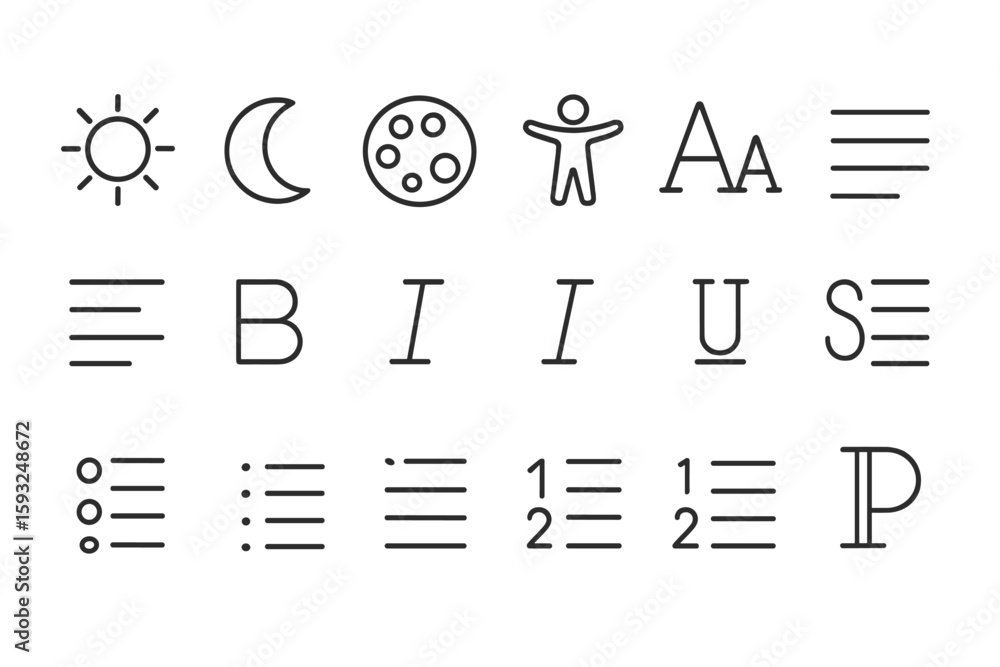Poster typography, text editing icon set. linear icons for writing, formatting, design tools