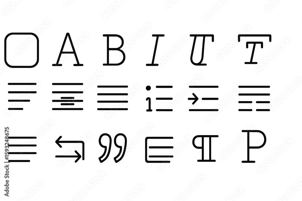 Poster text formatting line icon set. typography, alignment, and style icons line collection