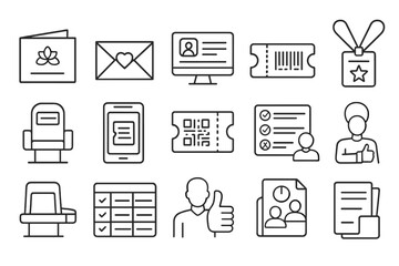 Event, ticketing line icon set. admission, registration, id badge, outline collection