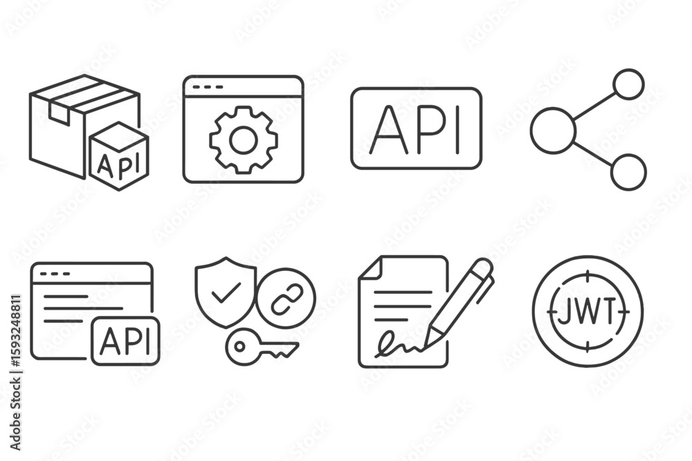 Poster api and security linear icon set: box, synchronization, authorization symbols