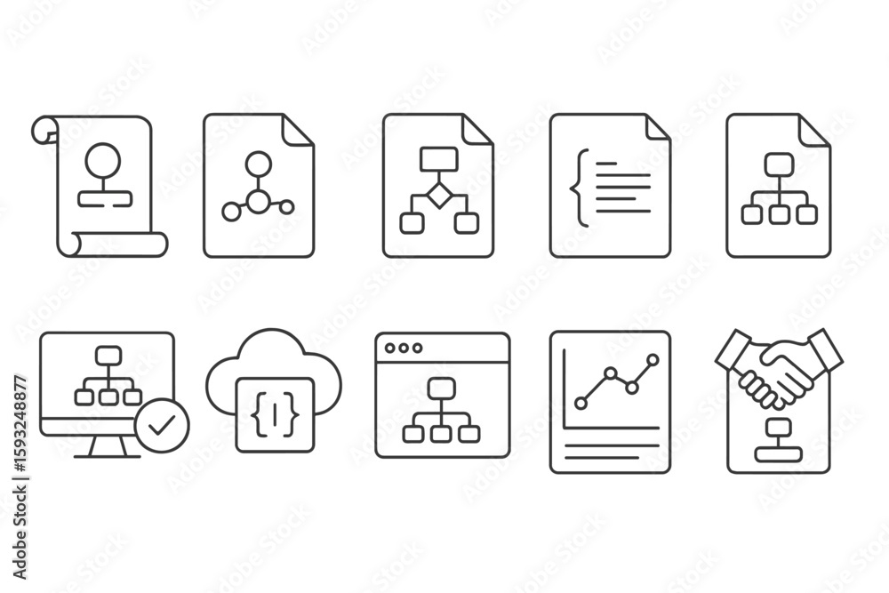Poster flowchart, diagram line icon set. workflow, process management icons collection