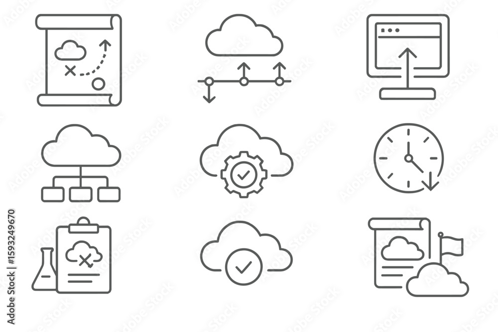 Poster cloud computing outline icon set. data, network, storage, secure, tech icons outline