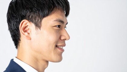 Fototapeta premium スーツ姿の若い日本人ビジネスマンの横顔をクローズアップで撮影、清潔感ある短髪と自信に満ちた笑顔が印象的
